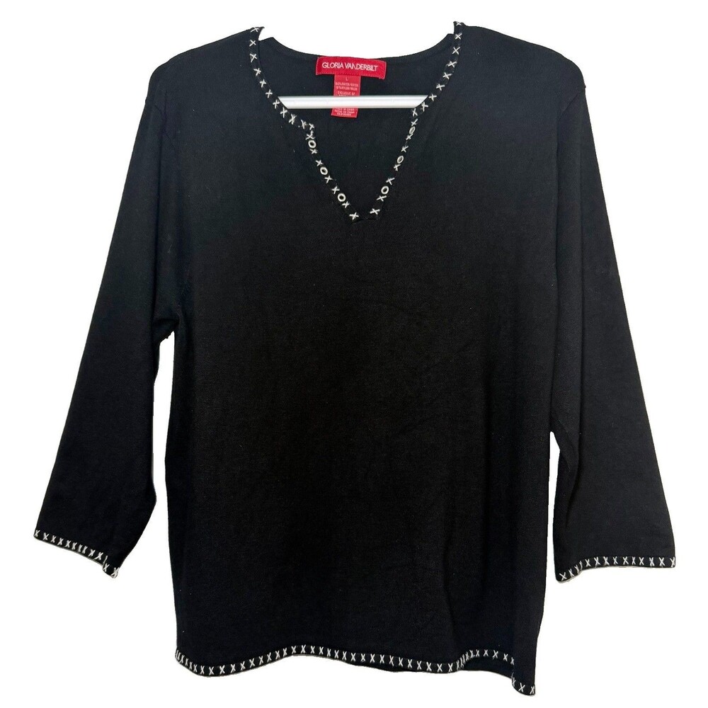 Gloria Vanderbilt Women’s L Black Grommet Split Neck 3/4 Sleeve Knit Sweater